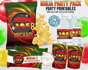 EDITABLE Ninja Kit Party  Template, Ninja Party Birthday Theme Kit Instant Download Party Kit, Ninja Water Labels Chip Bags Rice Krispies