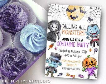 Könnte beinhalten: Eine Schachtel mit lila und blauen Baiser-Keksen neben einer Halloween-Party-Einladung. Die Einladung zeigt Cartoon-Monster, den Text "CALLING ALL MONSTERS" und Party-Details.
