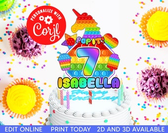 Topper de bolo de brinquedo Pop it Fidget de unicórnio, festa de aniversário Pop it Fidget personalizada, faça você mesmo para impressão de festa, arquivo PDF JPG, toppers de bolo 2D e 3D