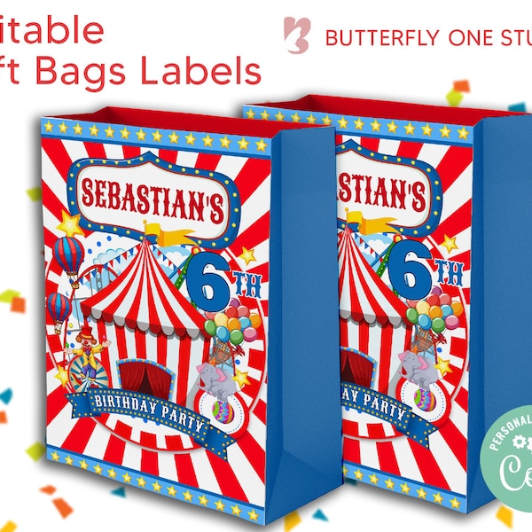 Kids Editable Circus Gift Bag Labels, Birthday Gift Bag Template, Circusl Gift Bags Labels, Instant Download Editable Template