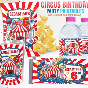 May include: Printable party decorations for a circus themed birthday party. The design features a red and white striped tent with a blue and white border, a clown, a blue and white Ferris wheel, and a red and white striped background. The text "Sebastian's 6th Birthday Party" is printed on the decorations.