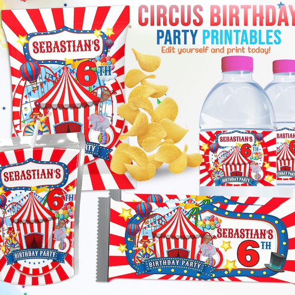 BEWERKBARE Kids Birthday Party Template, Circus Party Verjaardag Thema Kit, Instant Download Birthday Party Kit, Circus Water Labels Chip Bags