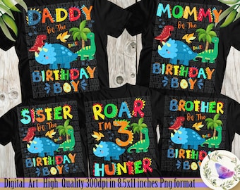 May include: Five black t-shirts with colorful dinosaur graphics and text. The shirts feature the words "Daddy of the Birthday Boy", "Mommy of the Birthday Boy", "Sister of the Birthday Boy", "Roar I'm 3 Hunter", and "Brother of the Birthday Boy".