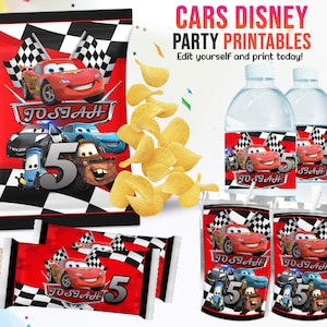 EDITABLE Cars Party Template, Cars Party Birthday Theme Kit, Instant Download Cars Birthday Party Kit, Rice Krispies  Water Labels Chip Bags