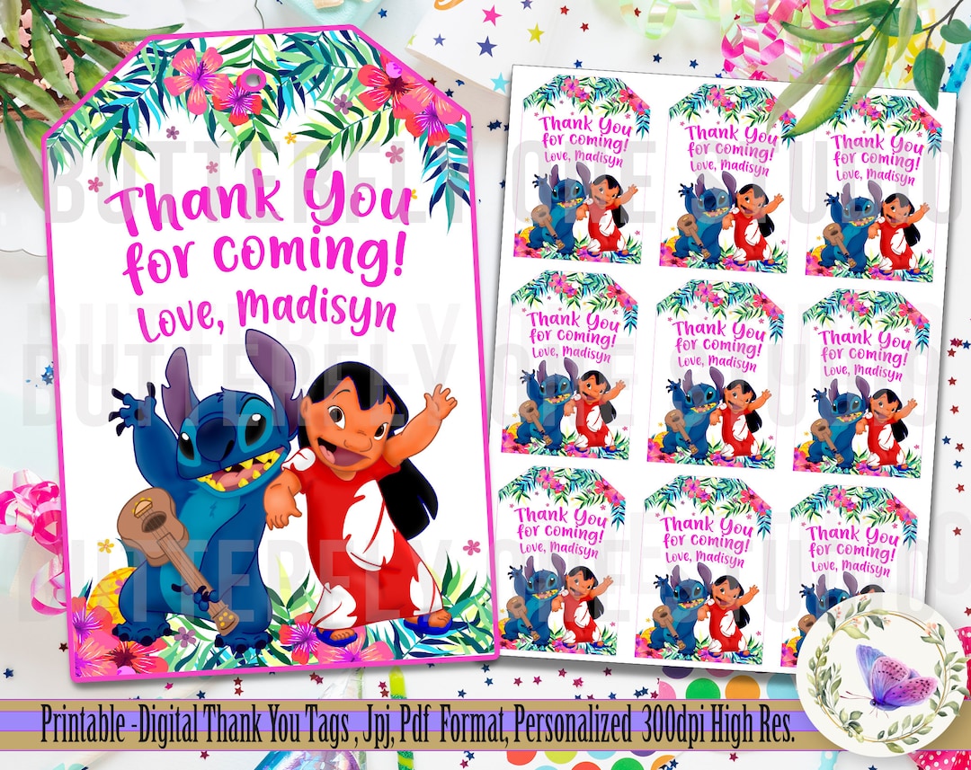 Printable Lilo and Stitch Thank You Tags, Lilo and Stitch Birthday Party Favor Tags,thank You ...