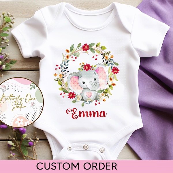 Png , Elephant Baby  Floral Custom Name , Png  Baby Bodysuit Design, Digital File , Personalized, Floral Name Girl. Dtg Print , Sublimation