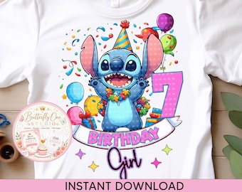 Könnte beinhalten: Weißes T-Shirt mit einer blauen Cartoon-Figur, die einen Partyhut und eine Blumenkette trägt, umgeben von Luftballons und Konfetti. Die Zahl 7 wird zusammen mit den Worten "BIRTHDAY Girl" angezeigt. Der Text "INSTANT DOWNLOAD" befindet sich unten.