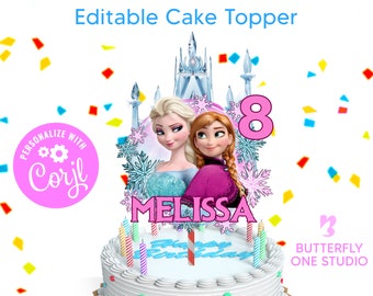 Topper de pastel congelado editable, cumpleaños congelado imprimible, Elsa Anna, decoración de fiesta, archivo imprimible, plantilla de topper de pastel congelado