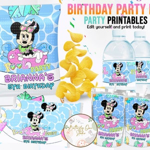 EDITIERBARE Kindergeburtstagsparty-Pool-Vorlage, Minnie-Maus-Geburtstags-Pool-Kit, Sofort-Download-Geburtstagsparty-Kit, Minnie-Wasseretiketten, Chip-Tüten