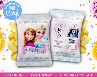 Chip Bag Frozen Template, Frozen Elsa Anna Chip Bags, Frozen Olaf Chip Bag Instant Download, Chip Bag Template