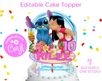 Adorno para tarta de Lilo y Stitch editable, fiesta de cumpleaños de Lilo y Stitch, adorno para tarta de piscina personalizado en formato JPG, archivo PDF, adorno para tarta de Lilo y Stitch imprimible