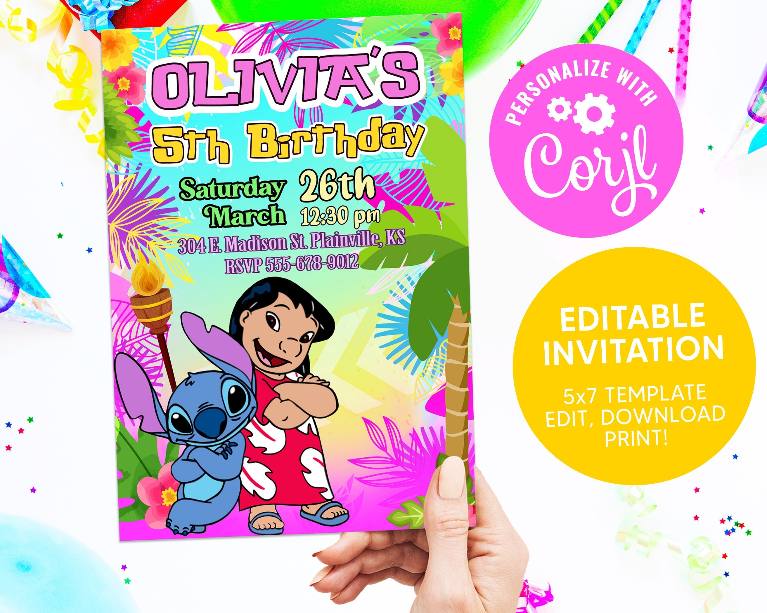 Editable Lilo and Stitch Luau Birthday Invitations DIY