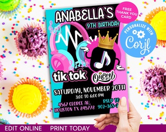 May include: A pink and blue birthday invitation for a 9th birthday party. The invitation features a cartoon music note with headphones and a crown. The text on the invitation reads "Anabella's 9th Birthday Tik Tok Queen". The invitation also includes the date, time, and location of the party.