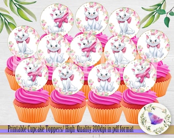 Printable Marie & Aristocats Cupcake Topper, Marie Aristocats Cupcake Topper, Marie Cake and Party Supplies, Instant Download