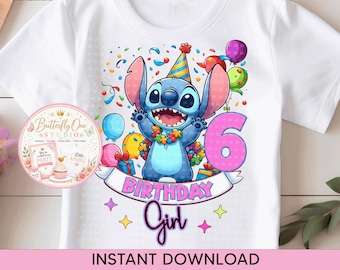 Könnte beinhalten: Weißes T-Shirt mit einer blauen Cartoonfigur mit Partyhut, umgeben von Luftballons und Konfetti. Das Design enthält den Text "BIRTHDAY Girl" und die Zahl "6". Die Worte "INSTANT DOWNLOAD" stehen unten.
