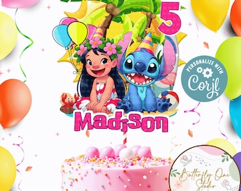 Adorno para tarta de Lilo y Stitch editable, fiesta de cumpleaños de Lilo y Stitch, adorno para tarta de piscina personalizado en formato JPG, archivo PDF, adorno para tarta de Lilo y Stitch imprimible