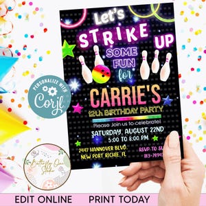 Editable Bowling  Birthday Party Invitation, Neon Bowling Birthday Party Invitation, Glow Bowling Birthday Party Theme Invite, Digital File