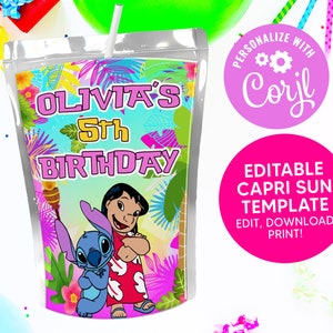 Lilo and Stitch Capri Sun Labels - Lilo and Stitch Drink Labels - Lilo and  Stitch Party Favors - Lilo and Stitch Party Printables - 100613