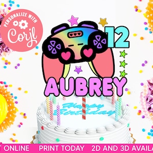 EDITIERBARE Gamer Girl Birthday Cake Topper, Gamer Controller Geburtstagsparty personalisiert, Party druckbare DIY, 2D und 3D Cake Toppers