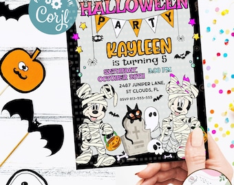 May include: A Halloween party invitation featuring a black and white border with a gray background. The invitation includes the text "Join us for a Halloween Party" and details for a 5th birthday party. The invitation is held by a hand.
