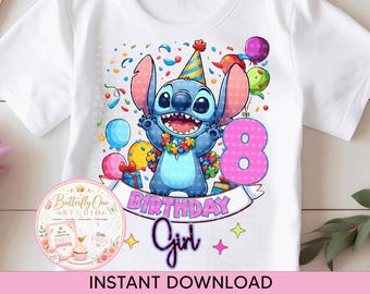Könnte beinhalten: Weißes T-Shirt mit einer Cartoonfigur mit Partyhut, umgeben von Luftballons und Konfetti. Das Design enthält die Zahl 8 und die Worte "Birthday Girl". Dies ist ein Artikel zum Thema Geburtstag.