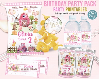 May include: Printable party pack with a farm theme in pink and white. The pack includes a chip bag, juice box, water bottle labels, and a treat bag label. The labels feature a red barn, farm animals, and the text "Olivia turns 2".