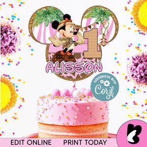 Editable  Safari Girl Birthday Cake Topper Printable Safari Pink Birthday , Safari Girl  Party Decor Party Printable File ,Girl Safari Party