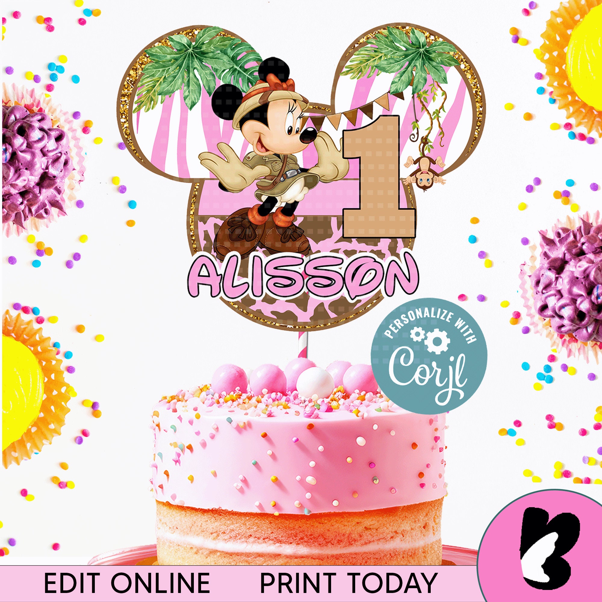 Editable  Safari Girl Birthday Cake Topper Printable Safari Pink Birthday , Safari Girl  Party Decor Party Printable File ,Girl Safari Party