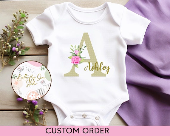 PNG Floral Initial Letter Baby Name Personalized Baby Bodysuit