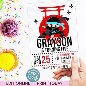 Bewerkbare Ninja uitnodiging, Ninja Birthday Boy Party, Ninja uitnodigen, Ninja verjaardagsfeestje, Instant Download, gratis Bedankkaart, Ninja verjaardag