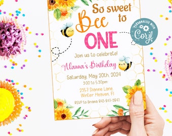 Editable Bee One  Birthday Girl Invitation, Bee Birthday Theme Party Invitation, Bee  Party Theme Invite, Girl Invitation, Bee One Invite