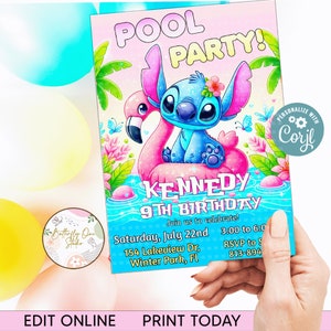 Invito modificabile per festa in piscina Stitch Girl, invito per festa in piscina, invito per festa in piscina Stitch Girl Theme, festa di compleanno in piscina, file digitale