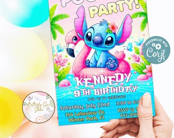 Editable Pool Party Stitch Girl  Invitation, Pool Party Invitation, Stitch  Pool  Party Theme Girl Invite, Pool Birthday Party, Digital File