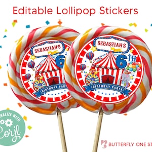 EDITABLE Carnival Circus Lollipop Labels, Birthday Lollipop Sticker Editable File, Carnival Lollipop Stickers, Instant Download Template