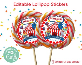 EDITABLE Carnival Circus Lollipop Labels, Birthday Lollipop Sticker Editable File, Carnival Lollipop Stickers, Instant Download Template