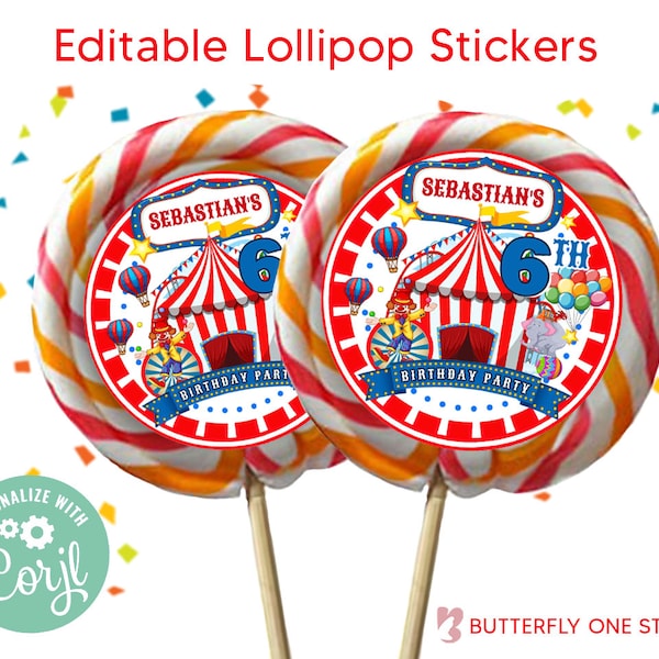 EDITABLE Carnival Circus Lollipop Labels, Birthday Lollipop Sticker Editable File, Carnival Lollipop Stickers, Instant Download Template