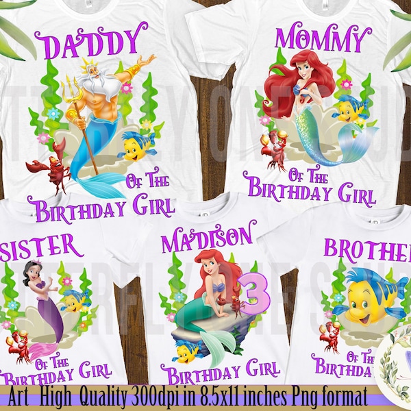 Png, Little Mermaid Family T-shirt  Birthday Girl , Png, Digital File Princess Ariel Mom ,Dad ,Sister,Brother of Birthday Girl ,Digital, PNG