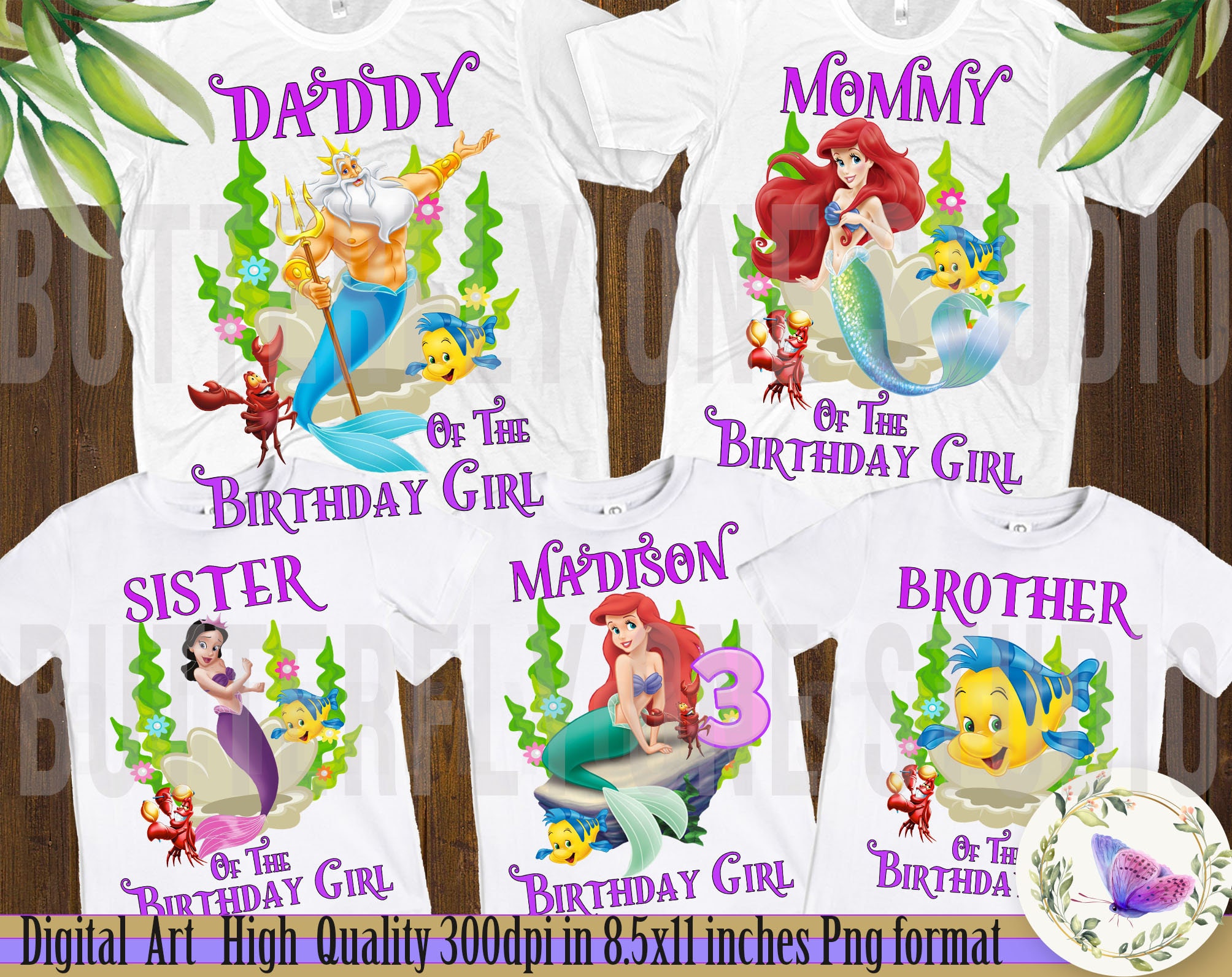 Camiseta familiar de la Sirenita para niña de cumpleaños, PNG, archivo  digital: Princesa Ariel, mamá, papá, hermana, hermano de la niña de, image size:2008x1593