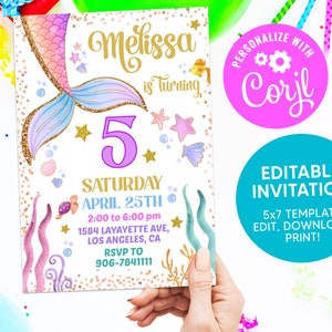 EDITABLE Mermaid Birthday Invitation, Cute Mermaid Party Invites, Summer Party Mermaid Invite, Kids Birthday Invitations