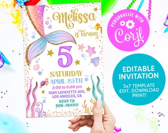 EDITABLE Mermaid Birthday Invitation, Cute Mermaid Party Invites, Summer Party Mermaid Invite, Kids Birthday Invitations