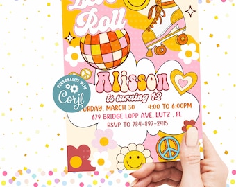 EDITABLE Groovy Roller Skate  Invitation, Groovy Editable Invites, Groovy Birthday invitations Digital Printable Template Instant download