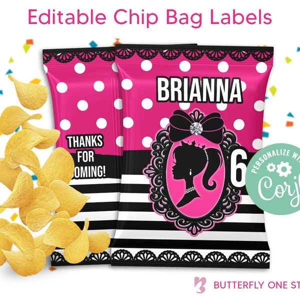 EDITABLE Doll Party Chip Bag Labels, Birthday Party Chip Bag Template, Doll Celebration Chip Bags, Instant Download Editable Template