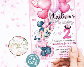 Editable Minnie Pink Invitation, Watercolor Minnie Girl  Invitation, Birthday Girl Invitation, Minnie Pink Birthday Party , Digital File JPG