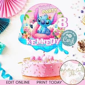 May include: A blue Stitch character from Lilo & Stitch is riding a pink flamingo pool float. The cake topper is decorated with flowers and says "Pool Party" and "Kennedy". The number 8 is on the topper. The cake topper is for an 8th birthday party.