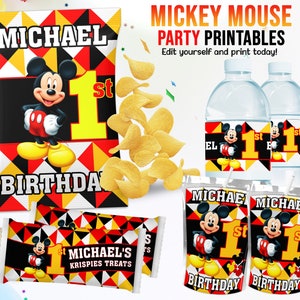 EDITABLE Kids Birthday Party Template, Mickey Mouse Birthday Theme Kit, Instant Download Birthday Party Kit, Mickey Water Labels Chip Bags