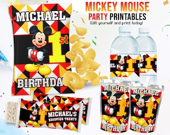 EDITABLE Kids Birthday Party Template, Mickey Mouse Birthday Theme Kit, Instant Download Birthday Party Kit, Mickey Water Labels Chip Bags