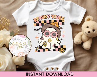 Png Spooky Vibes  Baby Bodysuit design, Halloween Baby Clothes Digital File, Cute Ghost Halloween Baby, Halloween Baby Clothes, Baby gifts