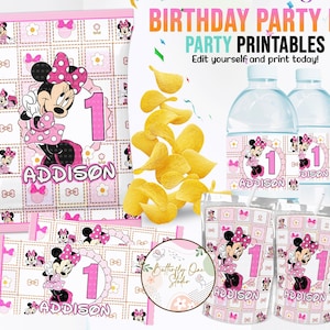 EDITABLE Girl  Birthday Party Template, Minnie Mouse Birthday Kit, Digital File Party Kit, Water Labels, Chip Bag,Capri Sun, Hershey Wrapper