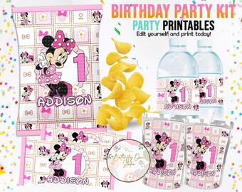 EDITABLE Girl  Birthday Party Template, Minnie Mouse Birthday Kit, Digital File Party Kit, Water Labels, Chip Bag,Capri Sun, Hershey Wrapper