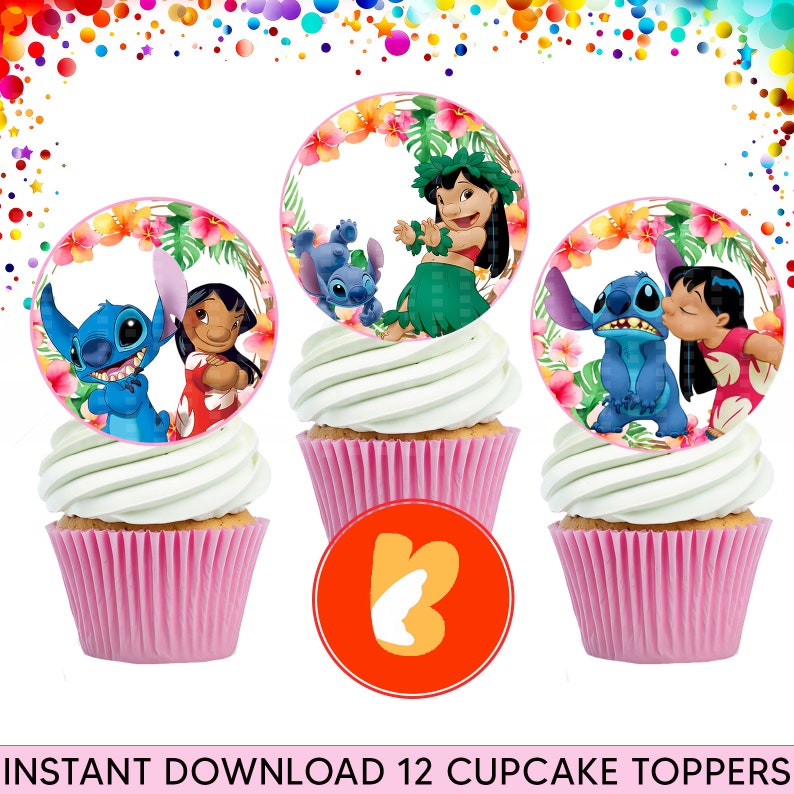 May include: Three cupcakes with white frosting and pink liners, each topped with a circular image of characters from the animated film Lilo & Stitch. The images are framed with tropical flowers and foliage. Text at the bottom reads "INSTANT DOWNLOAD 12 CUPCAKE TOPPERS."